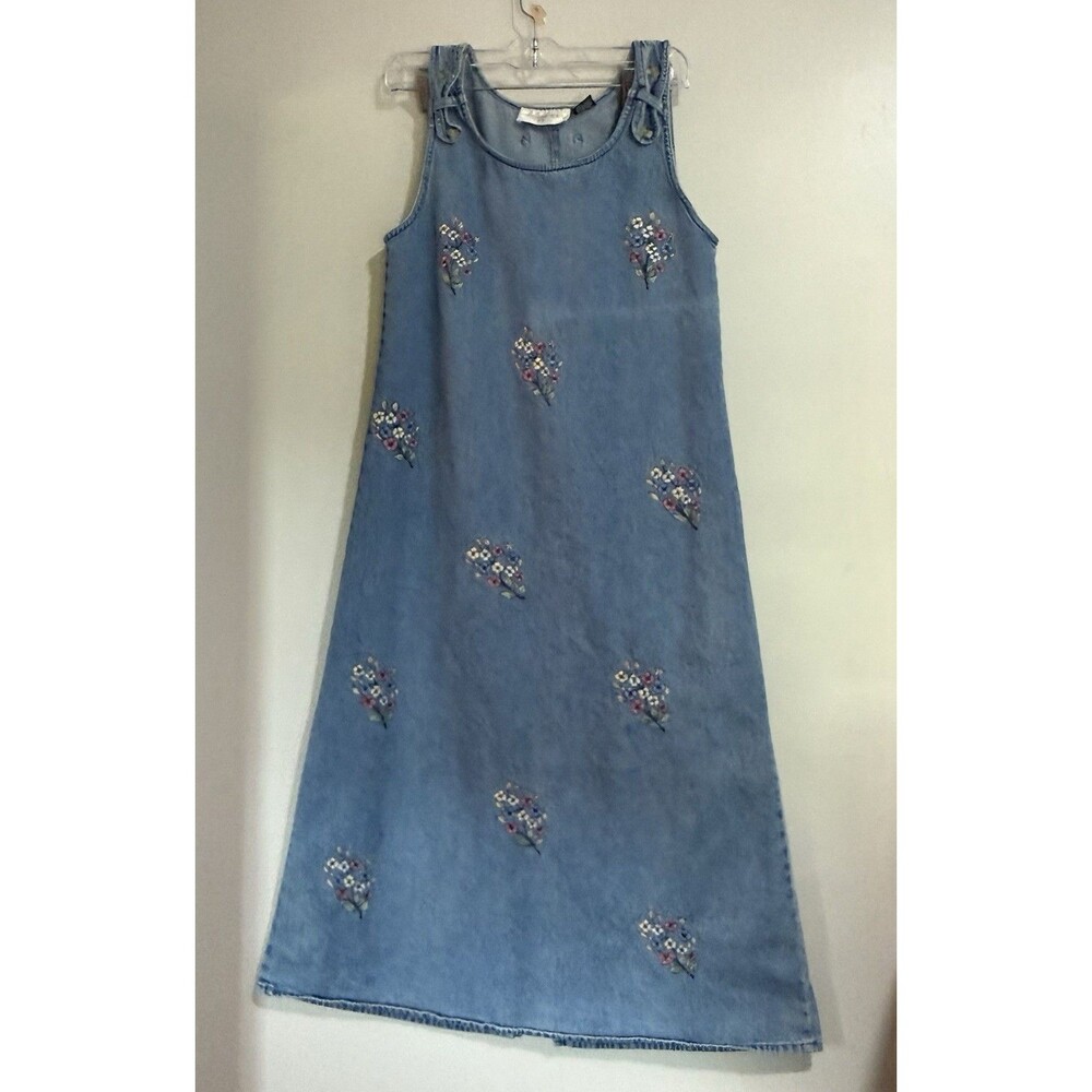 Vintage Petite Sophisticate Denim Jumper Dress Embroidered FloralSleeveless